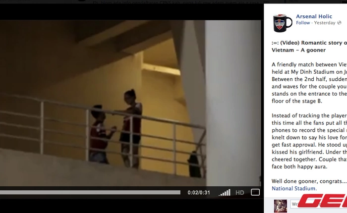 Cộng đồng mạng dậy sóng vì clip fan Arsenal cầu hôn tại sân Mỹ Đình