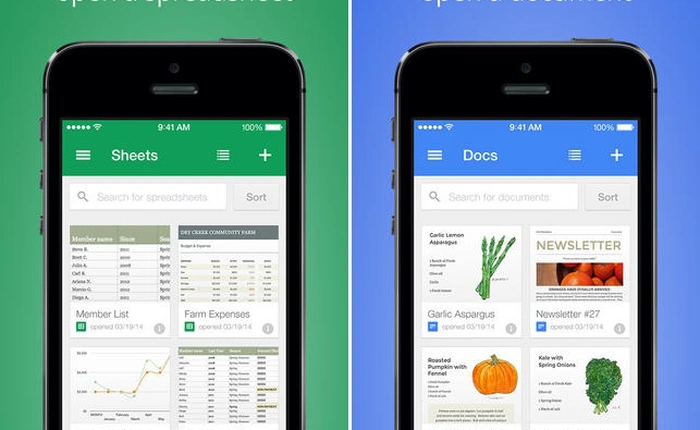 Google ra mắt Google Docs và Sheets miễn phí cho người dùng iOS và Android