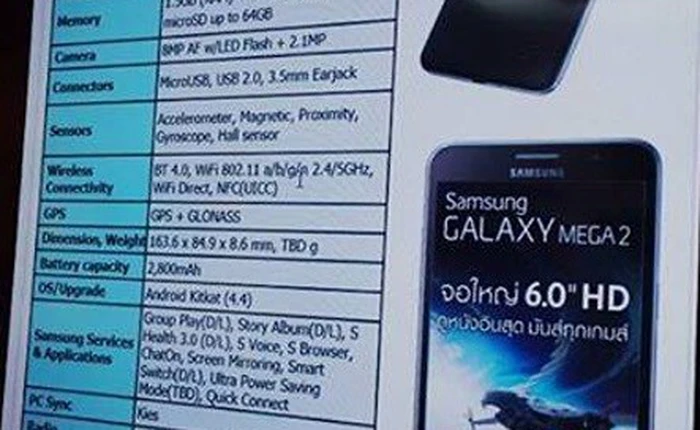 Lộ cấu hình hoàn chỉnh của Galaxy Mega 2