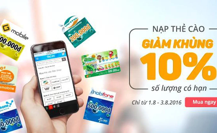Giảm ngay 10% khi nạp thẻ trực tuyến từ ngày 01/08/2016 đến ngày 03/08/2016