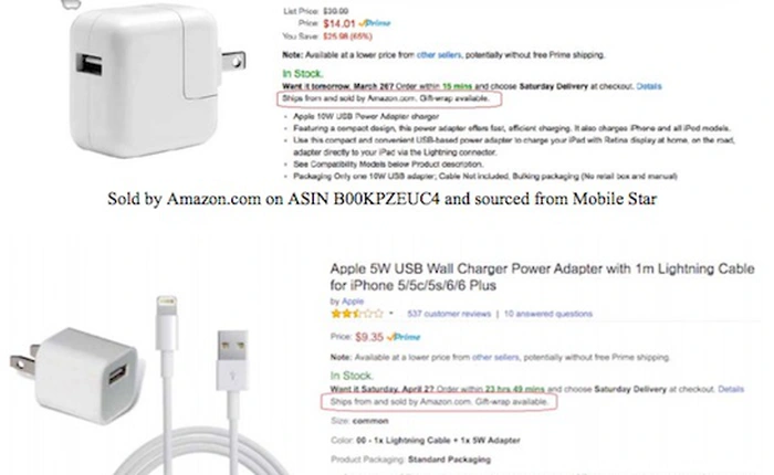 Apple tố cáo 90% cáp sạc cho iPhone trên Amazon là hàng giả