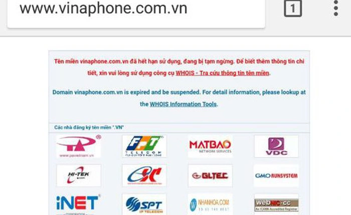[Cập nhật] Website Vinaphone bất ngờ sập, hiện thông báo hết hạn tên miền