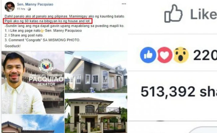 Hứa hẹn tặng 60 ngôi nhà, trang Facebook "Manny Pacquiao" giả mạo khiến dân mạng Philippines điên đảo