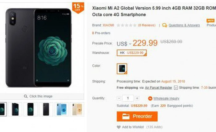 Xiaomi Mi A2 lộ diện trên trang web thương mại điện tử trước ngày ra mắt, giá bán từ 229 USD
