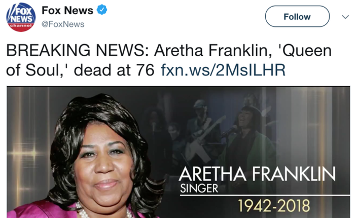 Hãng thông tấn Mỹ đăng tin danh ca Aretha Franklin qua đời nhưng dùng nhầm ảnh ca sĩ khác vẫn còn sống